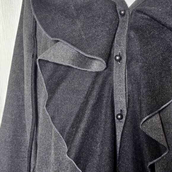 Samuel Dong Two Tone Gray Ruffle Button Front Belted Hooded Sweater Jacket Coat - Picture 8 of 13